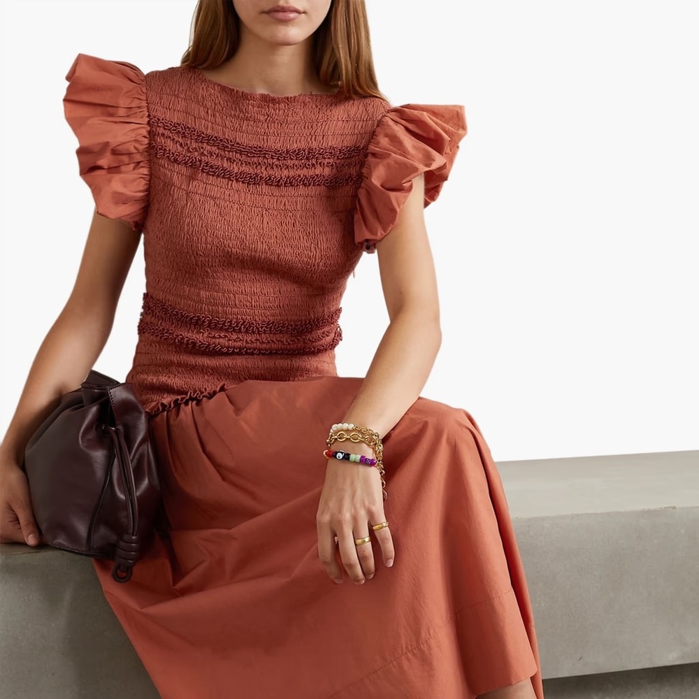 Ulla Johnson Madeline Poplin Ruffled Smocked Cotton Dress